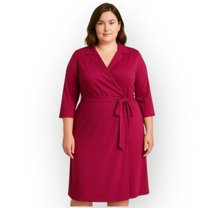 Berry Red Faux Wrap Collared Dress 3/4 Sleeve Tie Waist Plus Size 1X NWOT